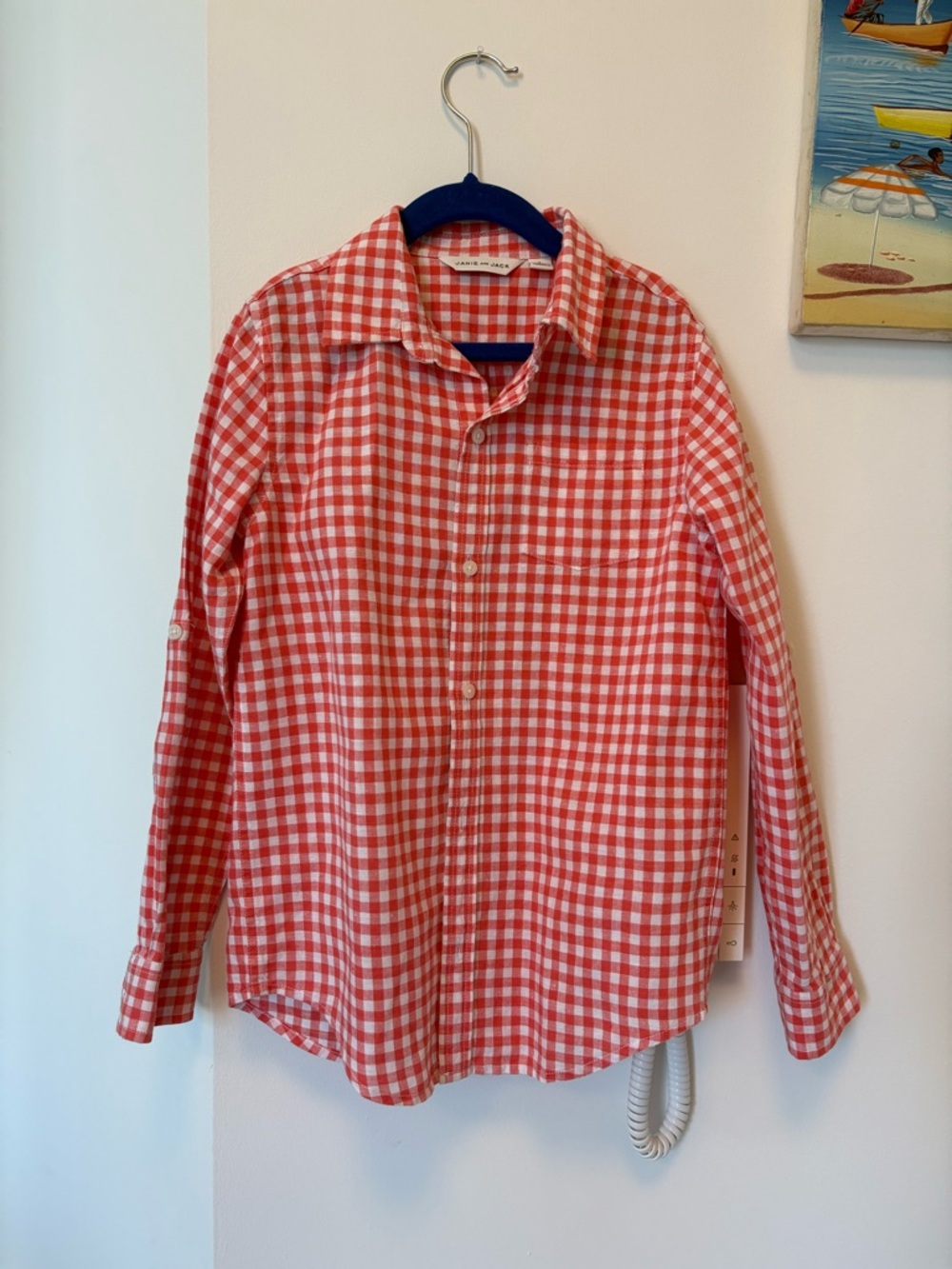 JANIE AND JACK Boys Gingham Button Down Long Sleeve Shirt Salmon/Pink Size 8 - Picture 11 of 11